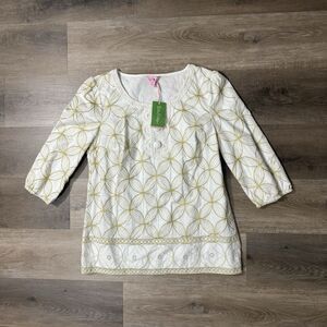 Lilly Pulitzer Shannon Gold Embroidery Tunic 3/4 Sleeve Tunic Medium